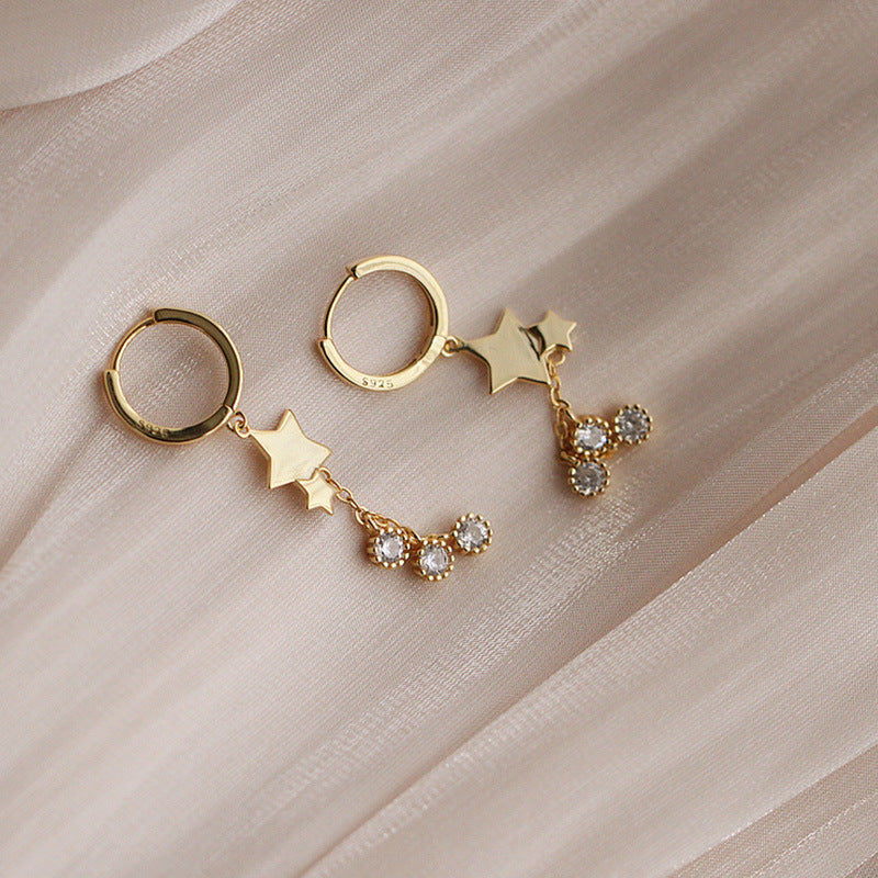 Pentagram Stud Earrings Female Rhinestone Tassle Personality