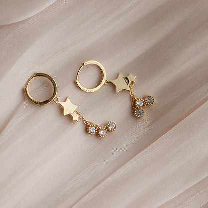 Pentagram Stud Earrings Female Rhinestone Tassle Personality