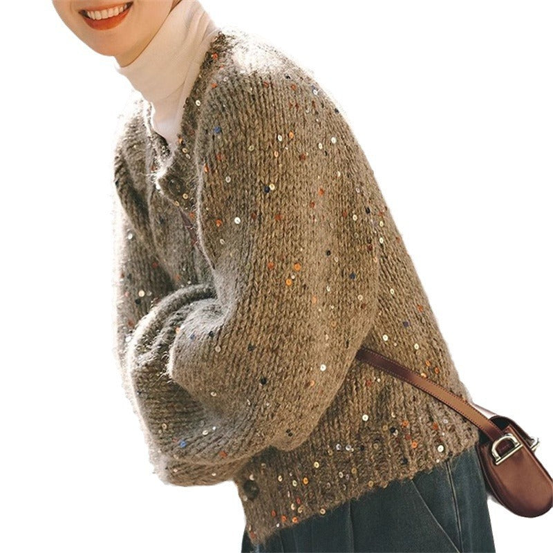 Retro Gray Sequins Sweater Cardigan Coat