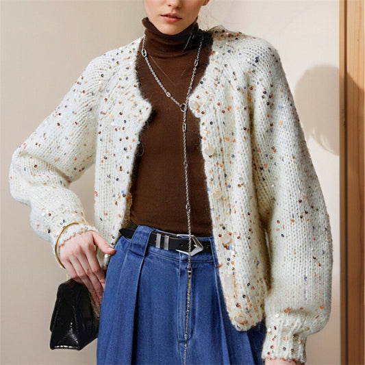 Retro Gray Sequins Sweater Cardigan Coat