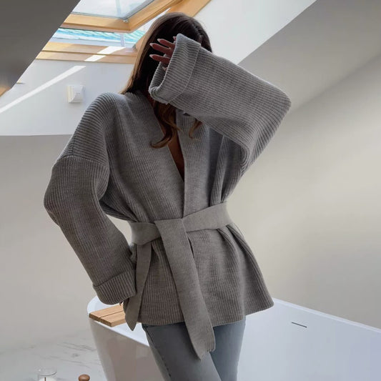 Lace-up Knitted Women's Sweater Coat Mid-length