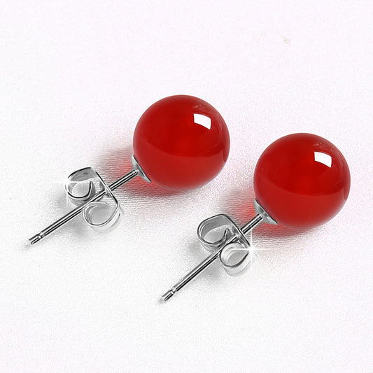Female Minimalist Pure Silver Red Agate Earrings