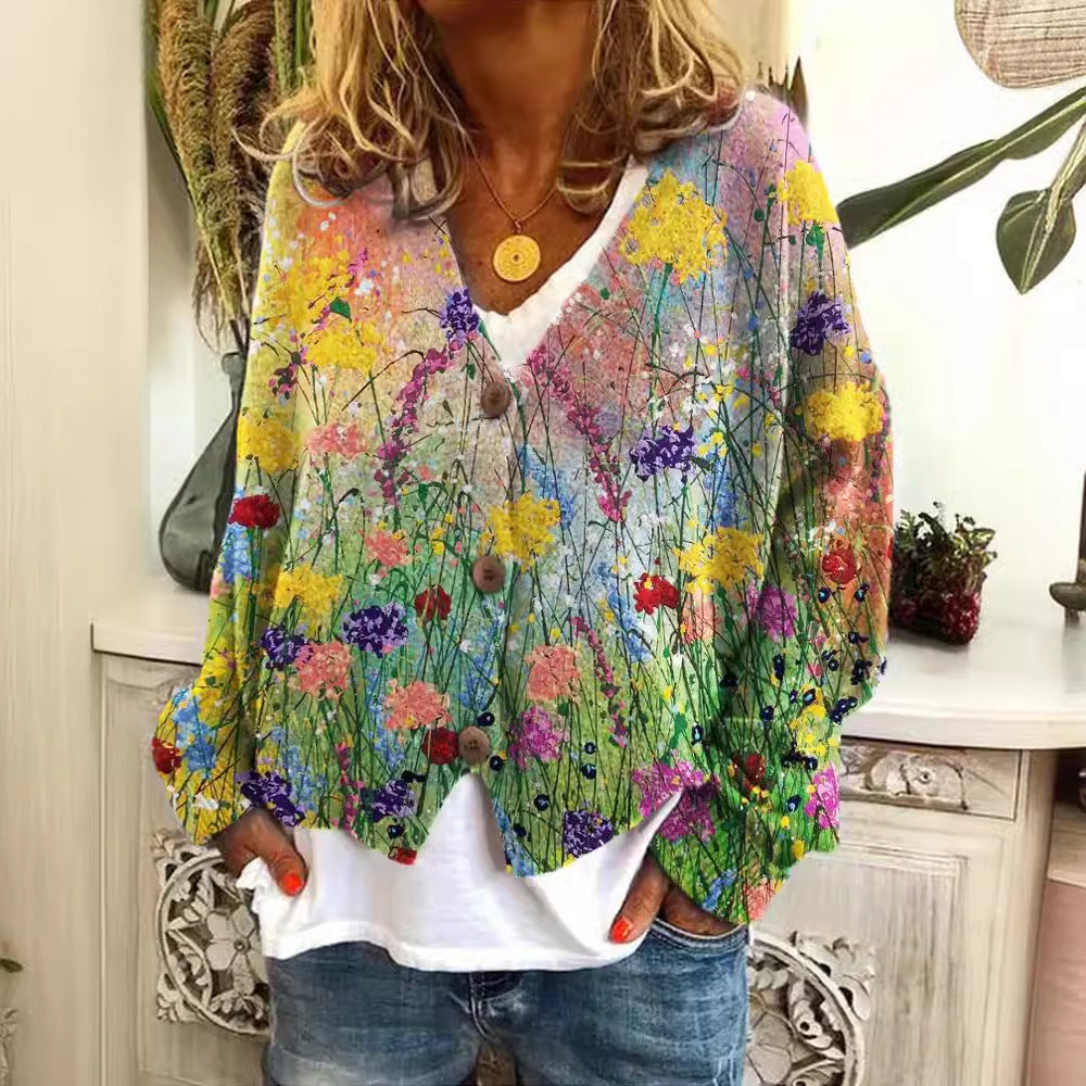 Printed Wear Cardigan Soft Feel Casual Cloak Coat Knitwear Sweater Foreign Trade