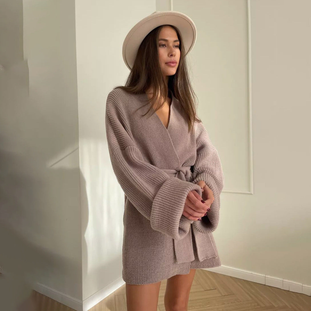 Lace-up Knitted Women's Sweater Coat Mid-length